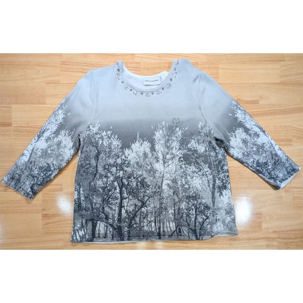 Alfred Dunner Sweater Women Large L Winter Snow Forest Trees Rhinestone Stud 3/4